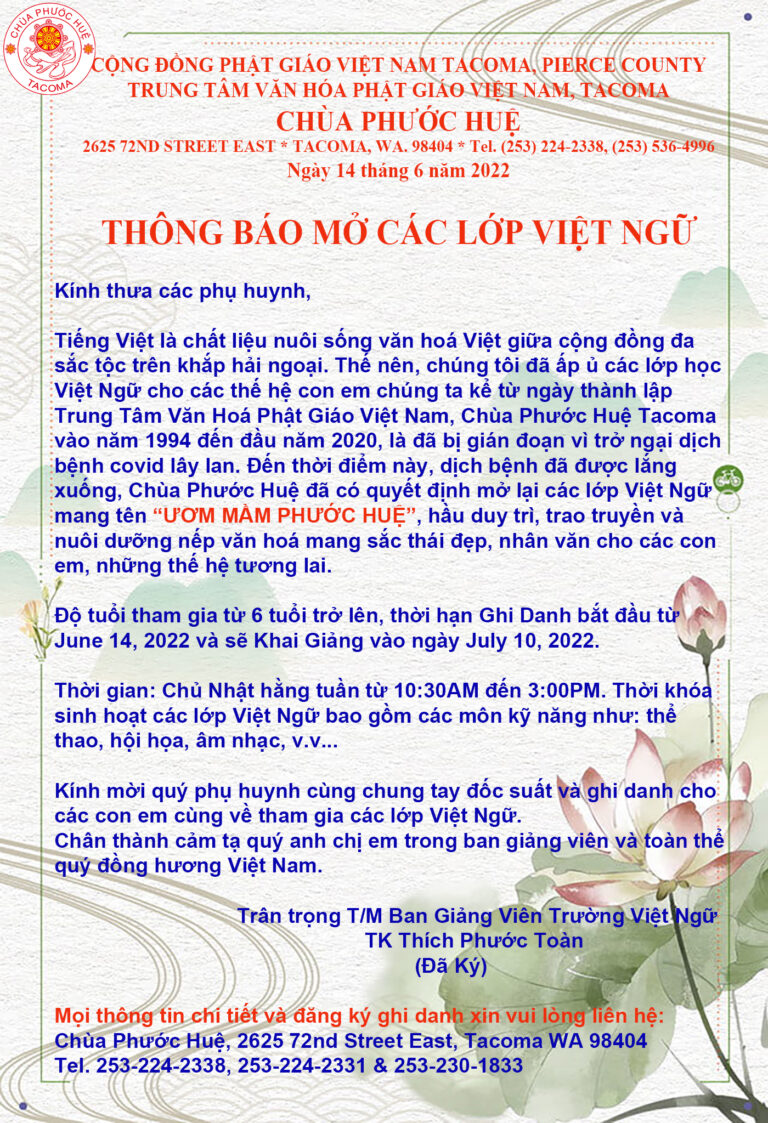 Thông Báo Mở Lớp Việt Ngữ Phước Huệ 2022