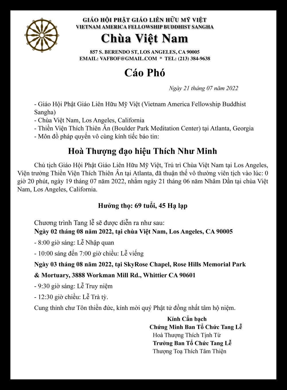 Cáo Phó Lễ Tang: Hòa Thượng Thích Như Minh, Trụ Trì Chùa Việt Nam, Los Angeles, California, Hoa Kỳ, vừa viên tịch