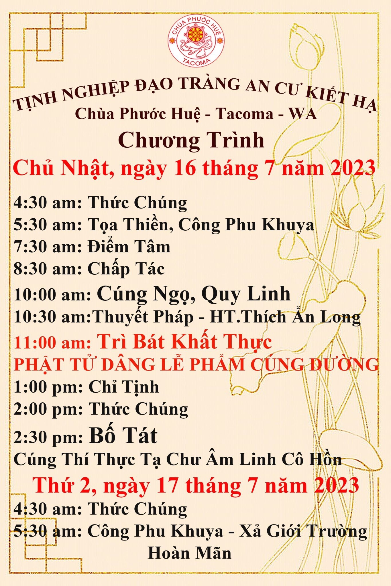 Chương Trình Chủ Nhật, ngày 16/7/2023 và thứ Hai, ngày 17/7/2023