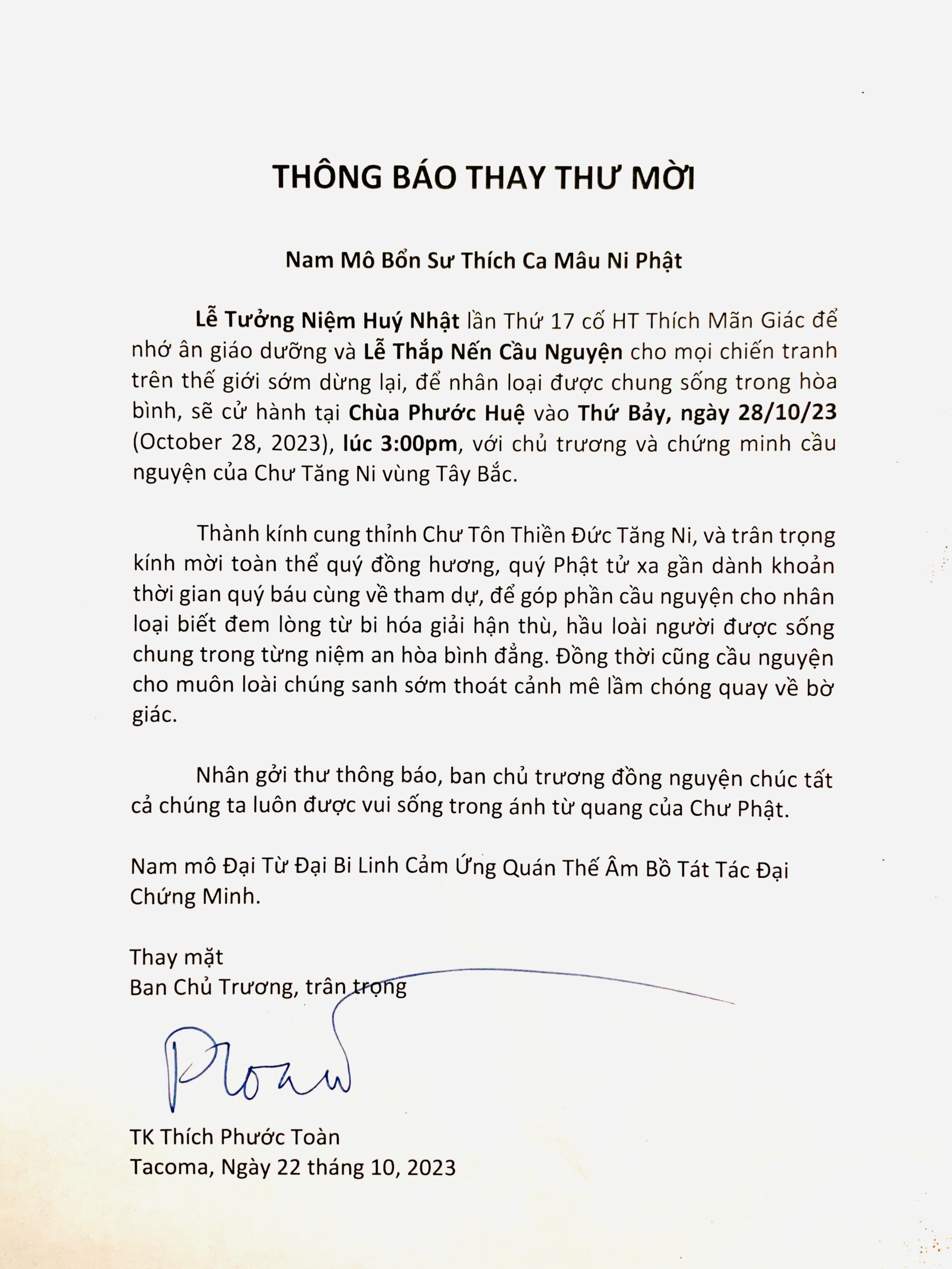 THÔNG BÁO THAY THƯ MỜI - Lễ Tưởng Niệm Huý Nhật lần Thứ 17 cố HT Thích Mãn Giác và Lễ Thắp Nến Cầu Nguyện tại Chùa Phước Huệ - Tacoma - Washington - Hoa Kỳ