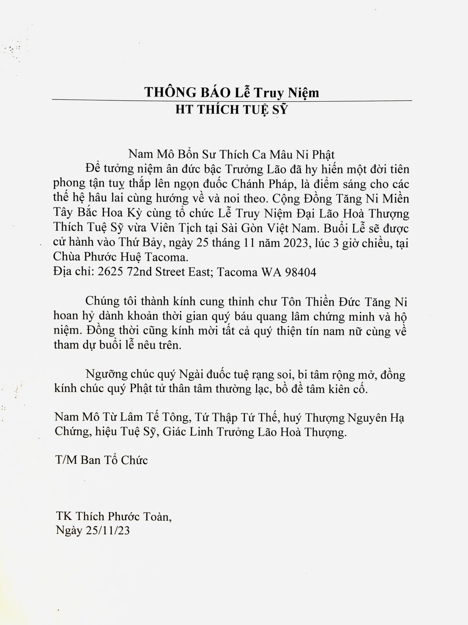 THÔNG BÁO Lễ Truy Niệm - HT THÍCH TUỆ SỸ tại Chùa Phước Huệ - Tacoma - Washington - Hoa Kỳ